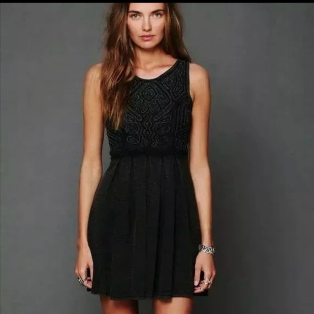 Free People acid wash sassy satouche pleated and embroidered and beaded dress